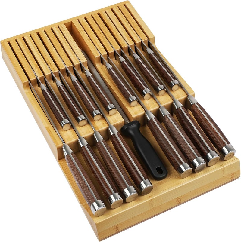 WenCraft Bamboo Kitchen Drawer Knife Holder, In-drawer Knife Block, Knife Drawer Organizer fit for 16 knives and 1 steel sharpening - Image 1